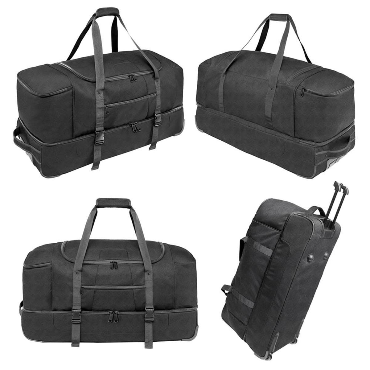 A wheeled black duffel bag with multiple handles and a pull-out trolley system, featuring external zippered pockets.