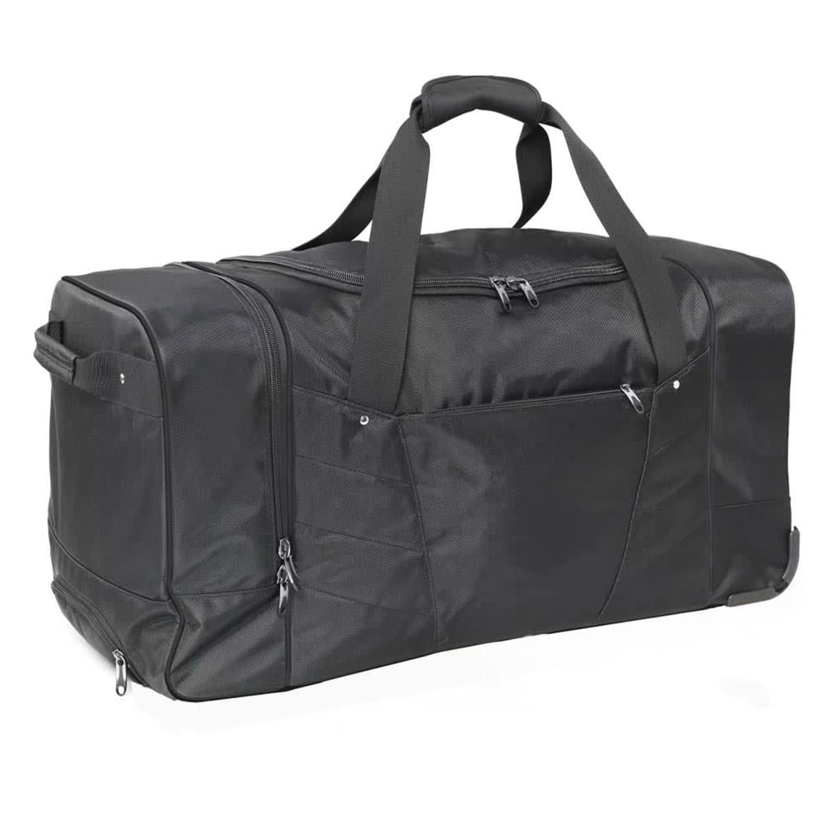 A large black wheeled bag with multiple compartments and handles for easy transport. It features a logo.