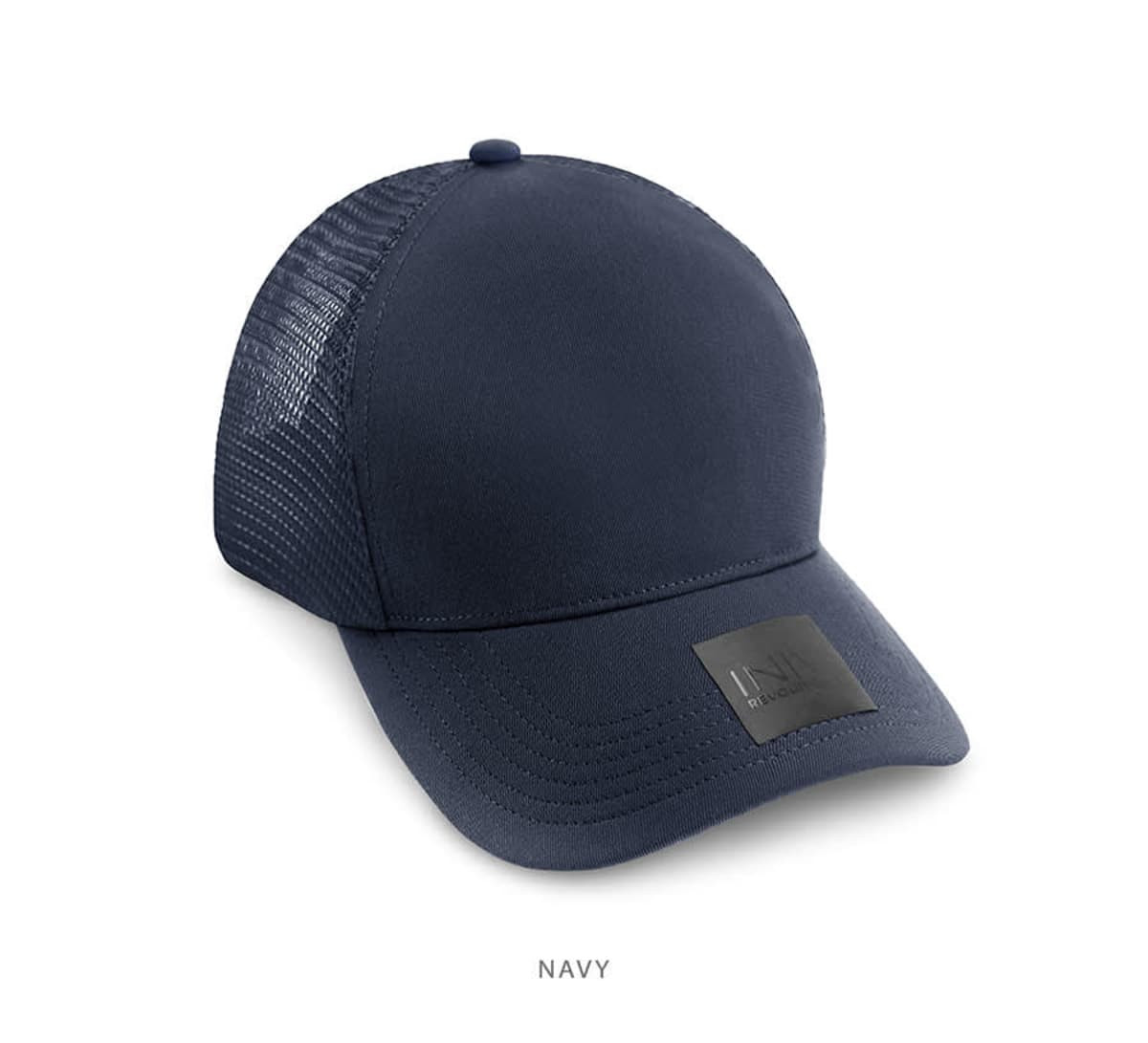 A navy trucker cap featuring a mesh back and a logo patch on the front.
