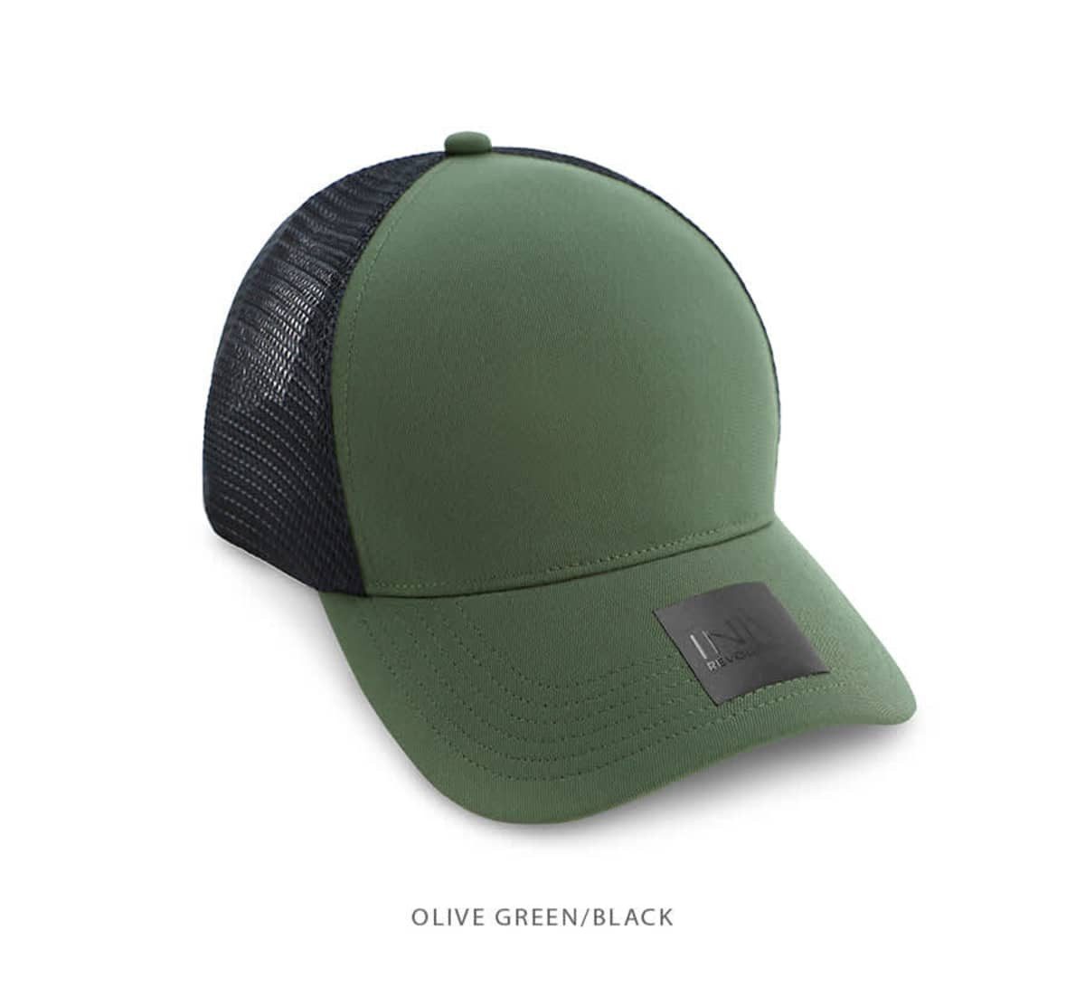 An olive green and black trucker cap with a mesh back and a logo on the front.