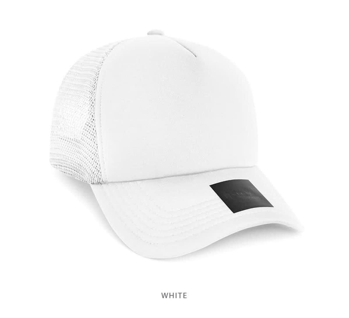 A white trucker cap made of polyester and mesh, featuring a black logo on the front.