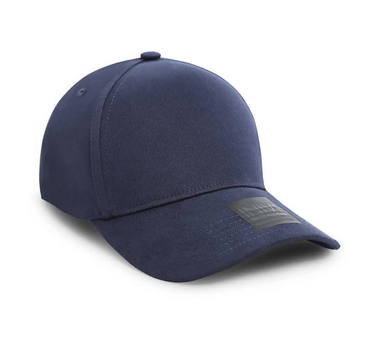 A navy blue cap made of cotton and spandex, featuring a logo on the front.
