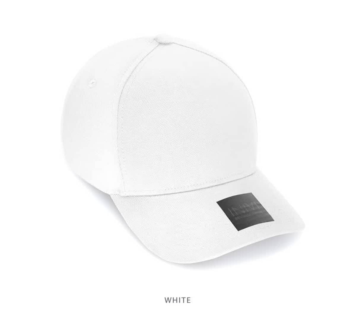 A white cotton/spandex cap with a branded label on the front.