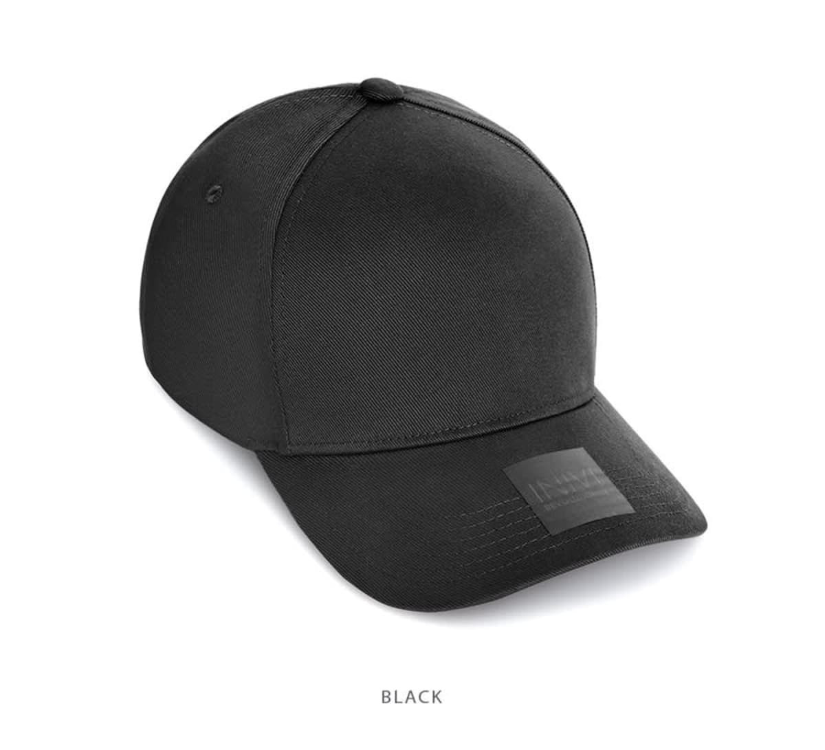 A black cap made of cotton and spandex, featuring a structured design and a logo on the front.