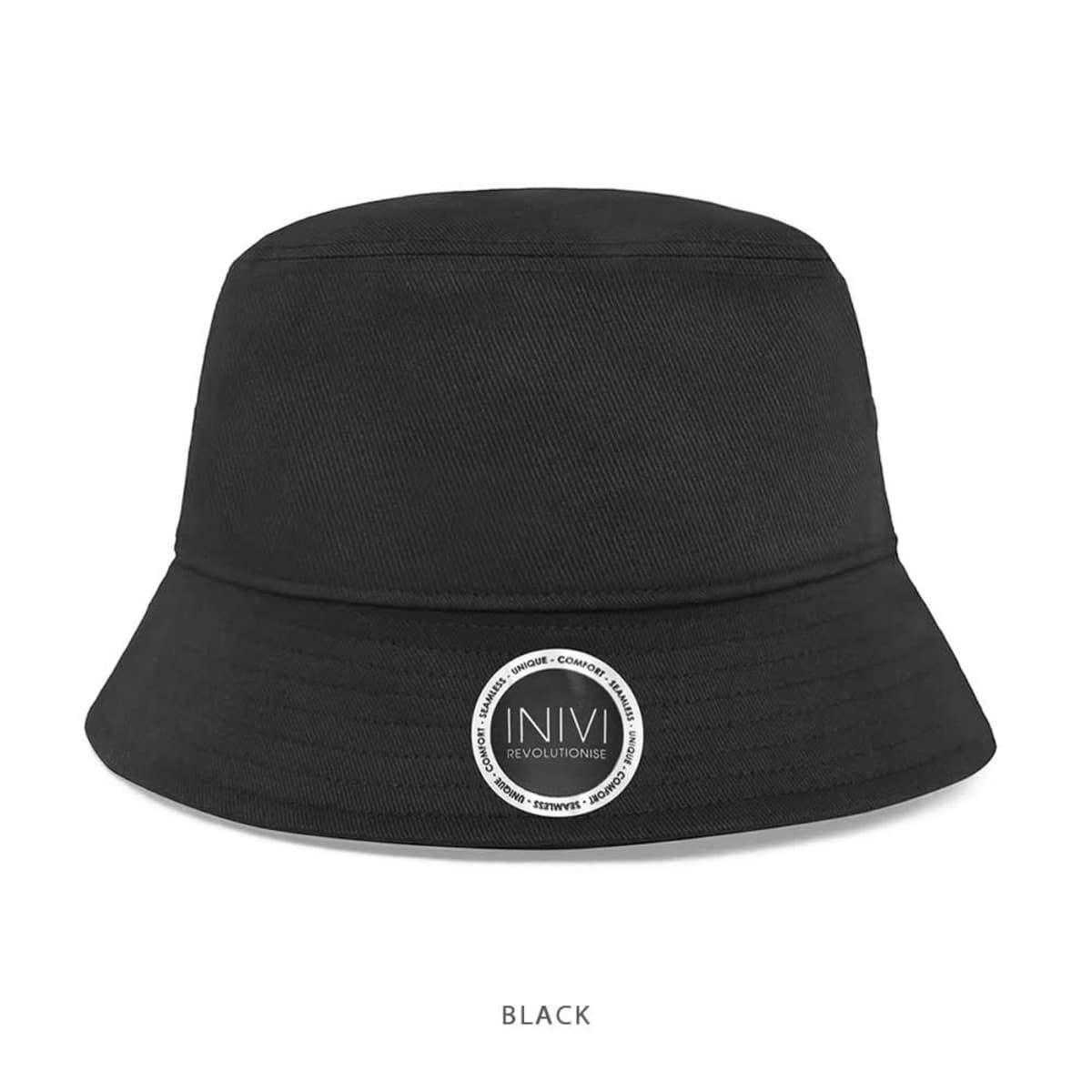 A black bucket hat with a round logo on the front. Made from cotton and spandex materials.
