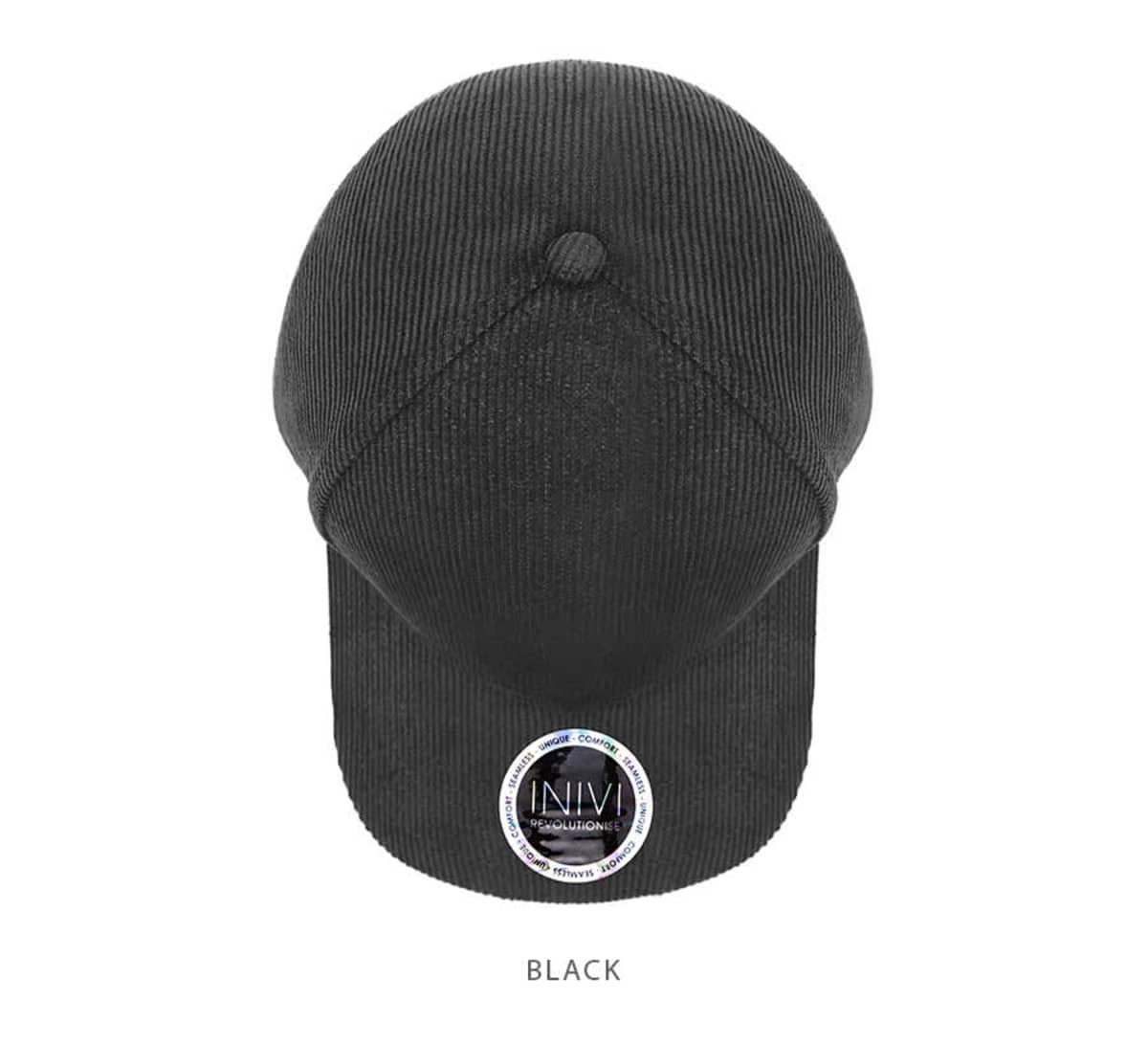 A black cap featuring a curved brim and a logo on the front, made from 100% cotton cord material.