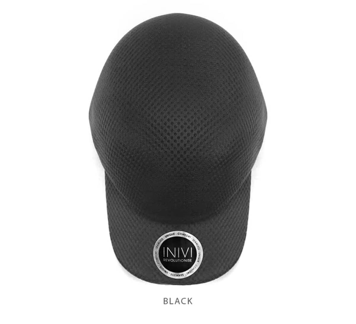 A black cap made from 100% polyester with a circular logo at the front.