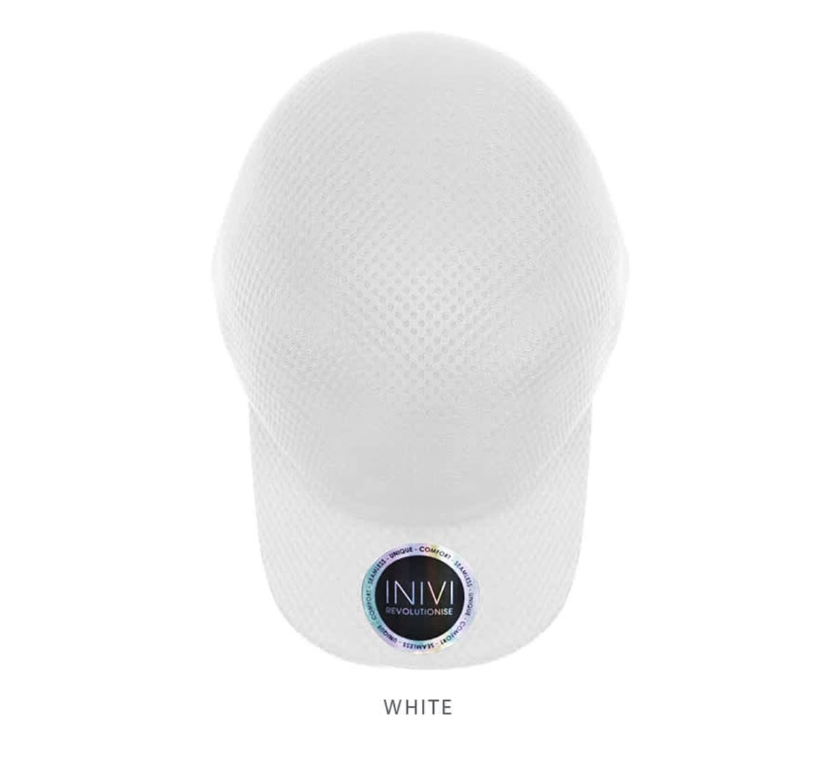 A white cap made of 100% polyester featuring a round logo on the front.
