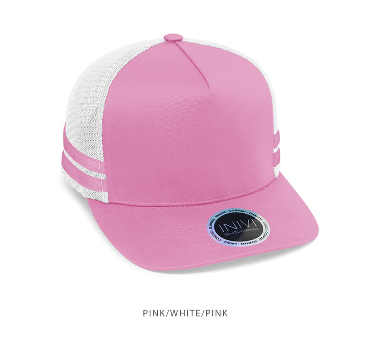 A pink trucker cap with white mesh panels and a logo on the front.