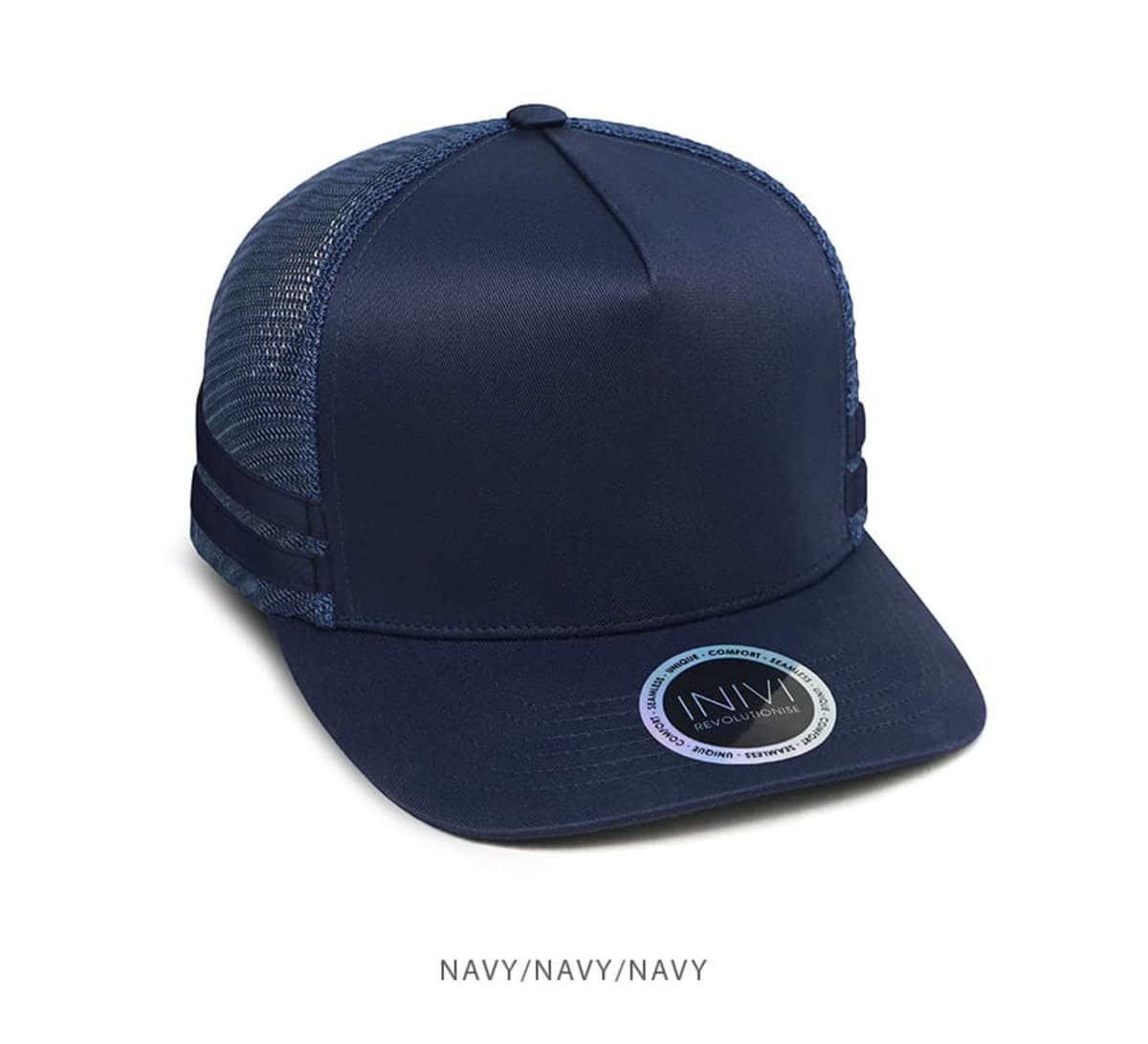 A navy trucker cap made from polycotton and mesh, featuring a logo on the front.