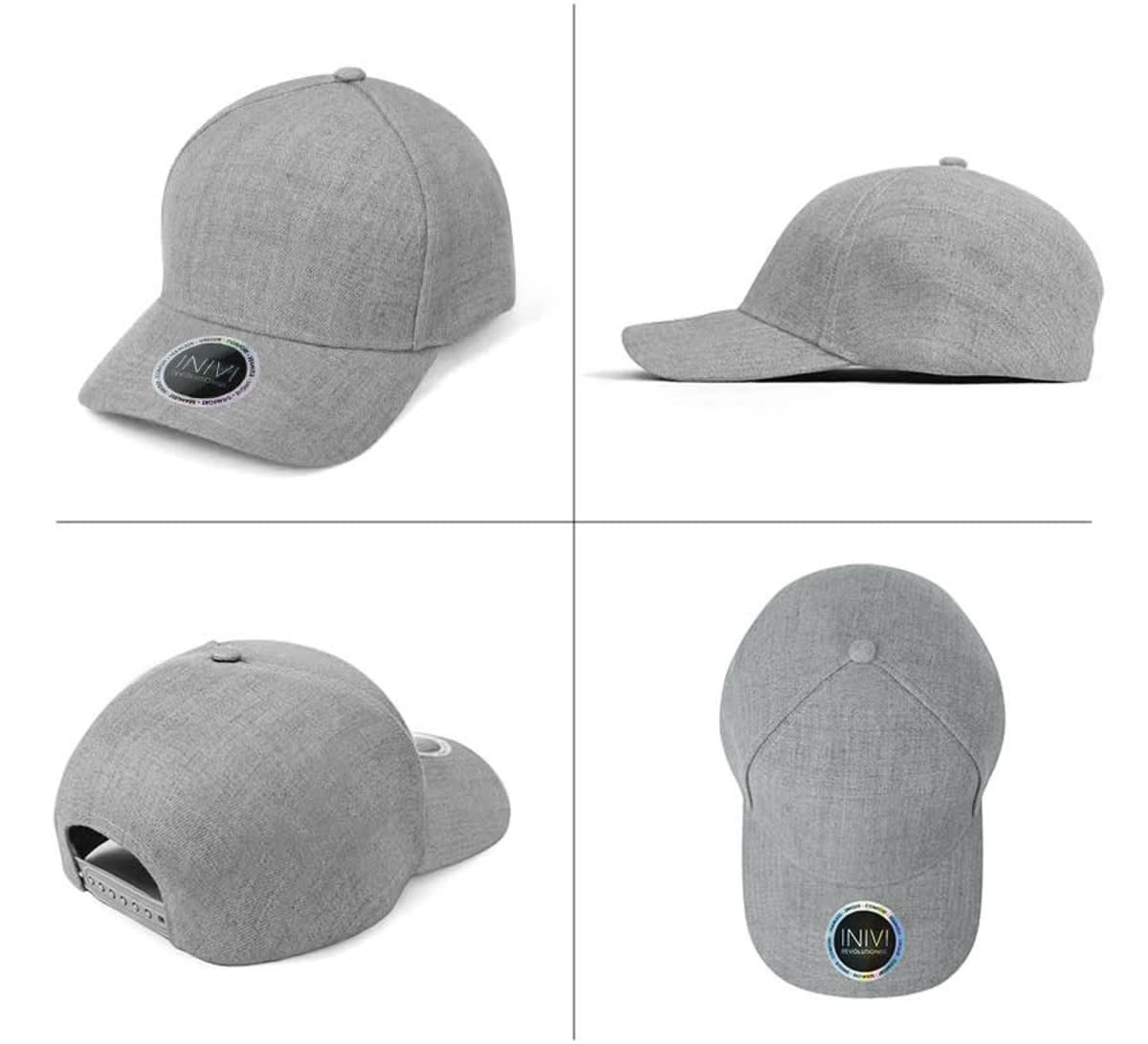 A grey cap with a smooth texture, featuring a logo on the front and a snapback closure at the back.