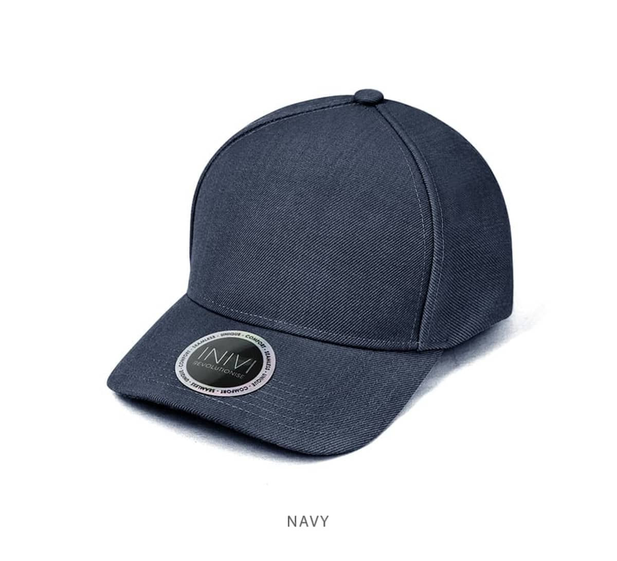 A navy cap with a structured design and a logo on the side, featuring a smooth fabric texture.
