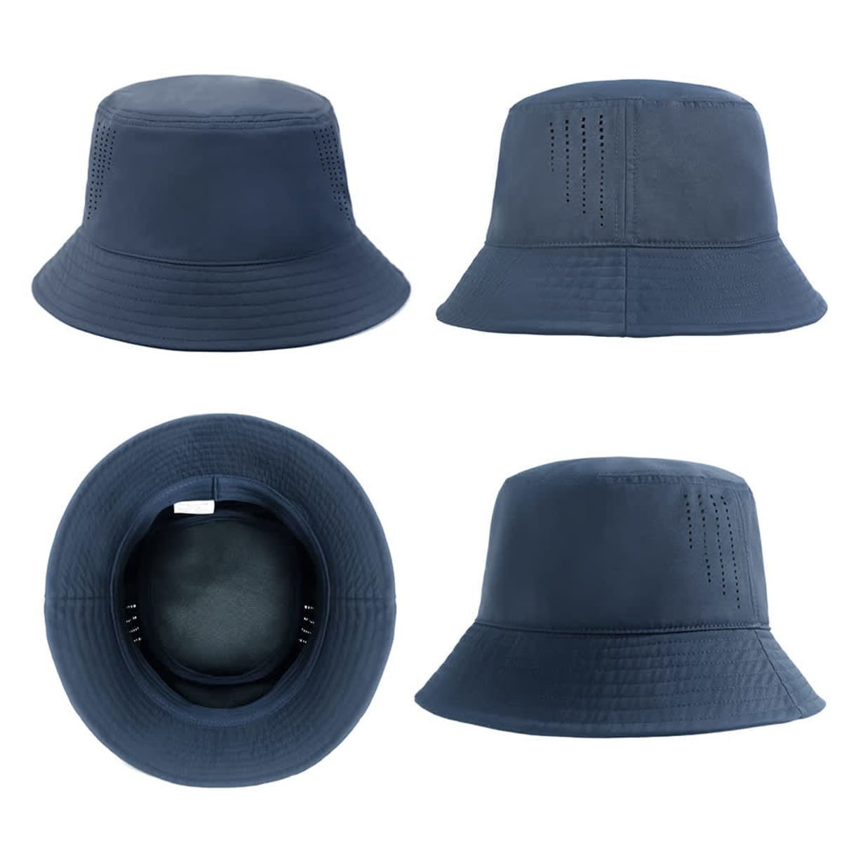 A navy blue bucket hat featuring ventilation holes and a subtle logo, shown from multiple angles.