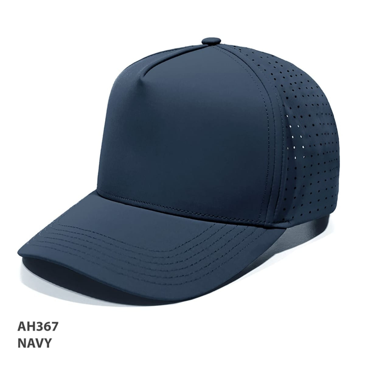 A navy cap with a solid front and perforated sides, featuring a curved brim and a logo.