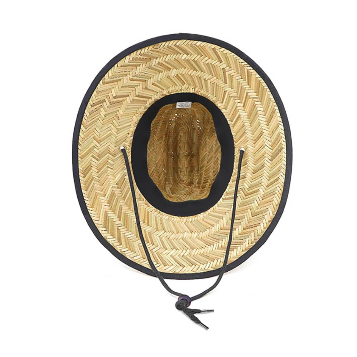 A round straw hat with a woven design and black trim, featuring a drawstring for adjustment.