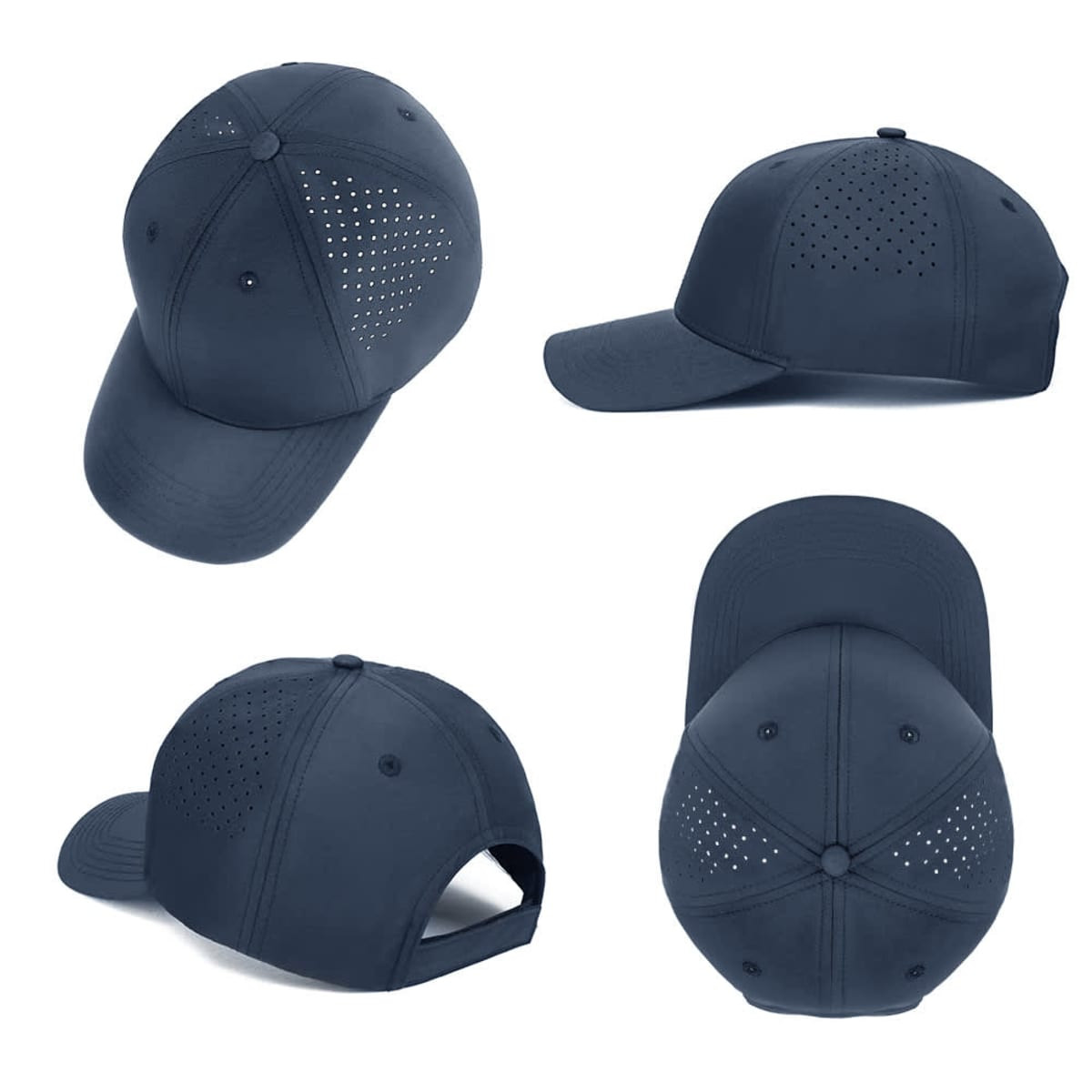 A navy cap featuring perforated detailing, with various angles displayed. It has a logo on the front.
