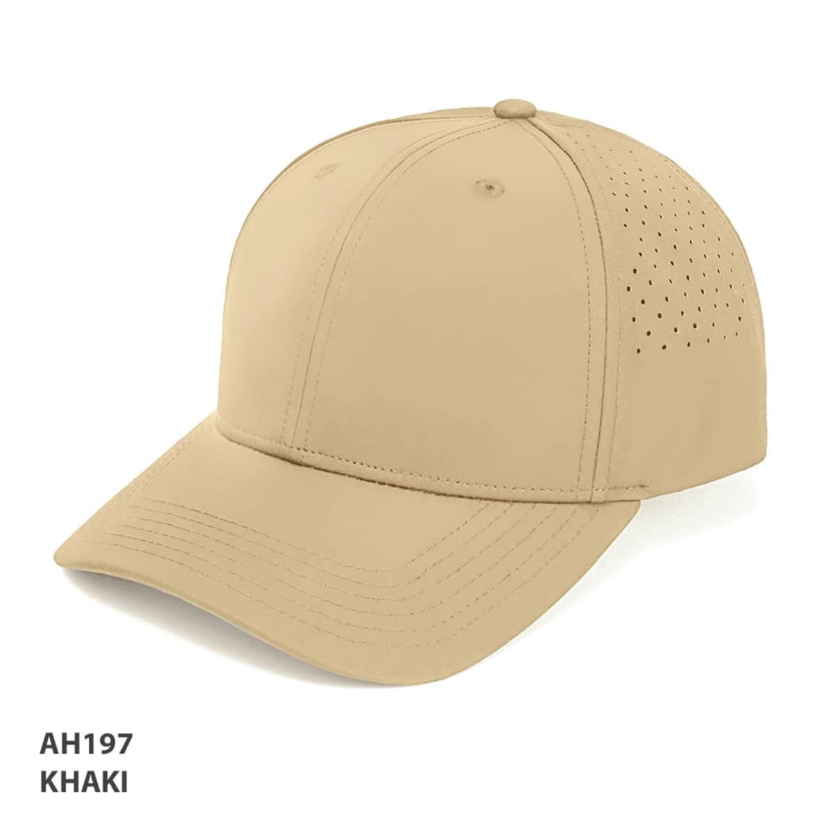 A khaki cap with ventilation holes and stitched details, featuring a curved brim and a logo on the side.