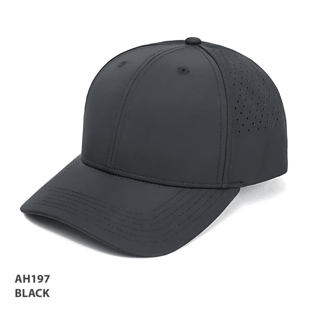 A black cap with a curved brim and perforated detailing, featuring a logo on the side.