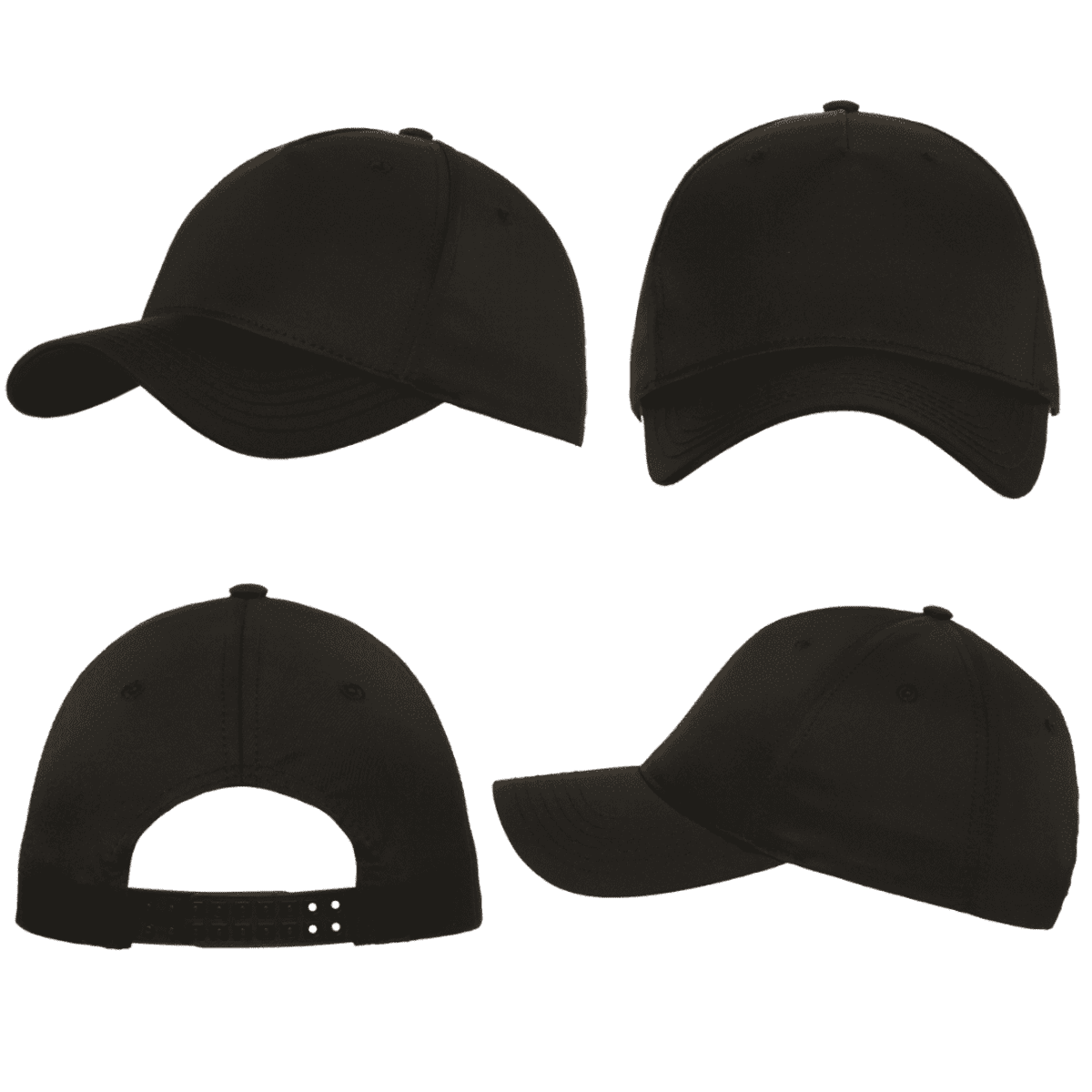 A black sports cap featuring a curved brim, adjustable strap at the back, and a logo. Multiple angles displayed.
