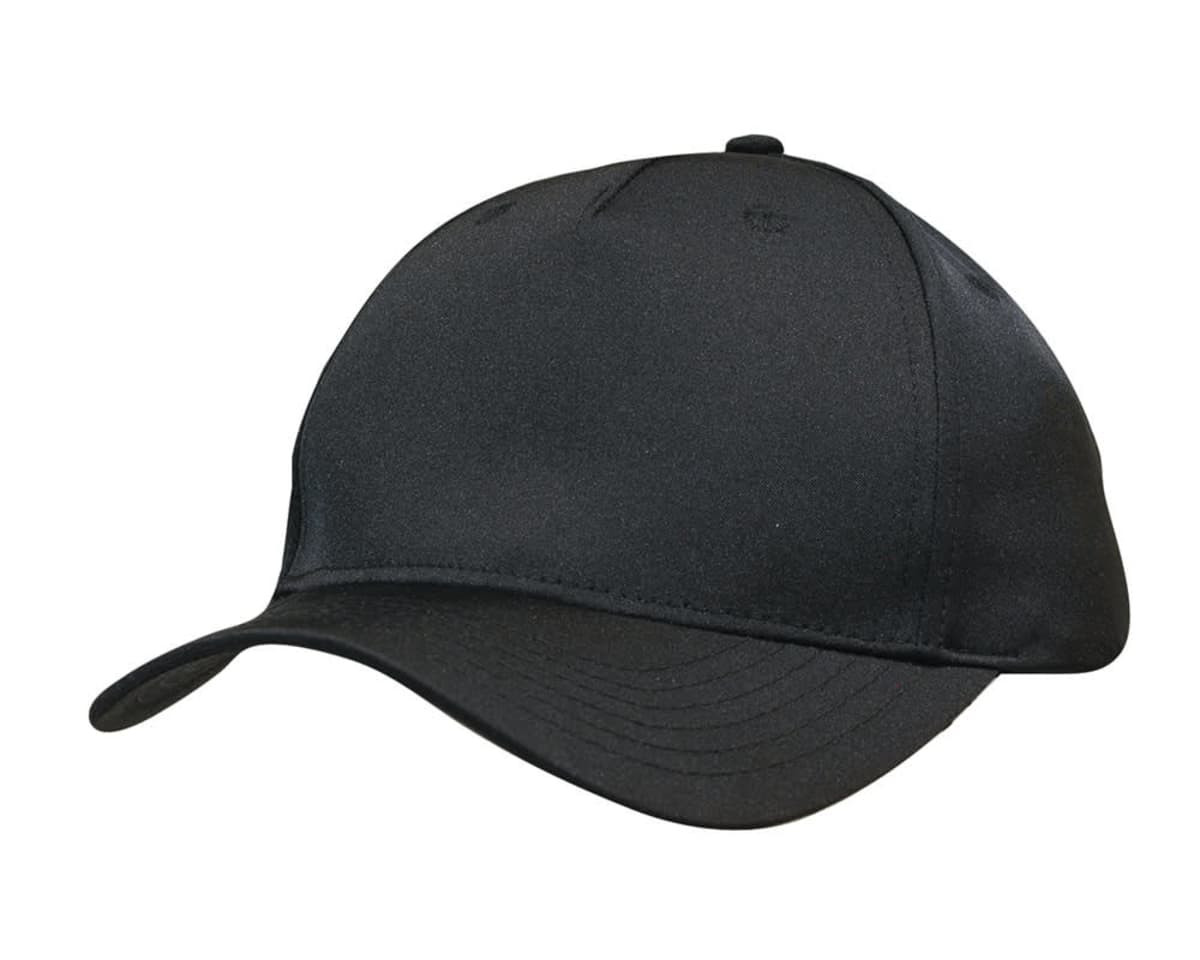 A black cap with a curved brim and a smooth fabric finish, featuring a logo on the front.