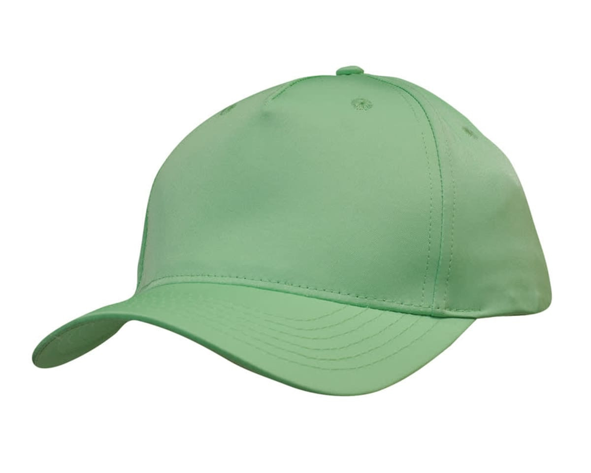 A green cap with a structured design and a curved brim, featuring a logo on the front.