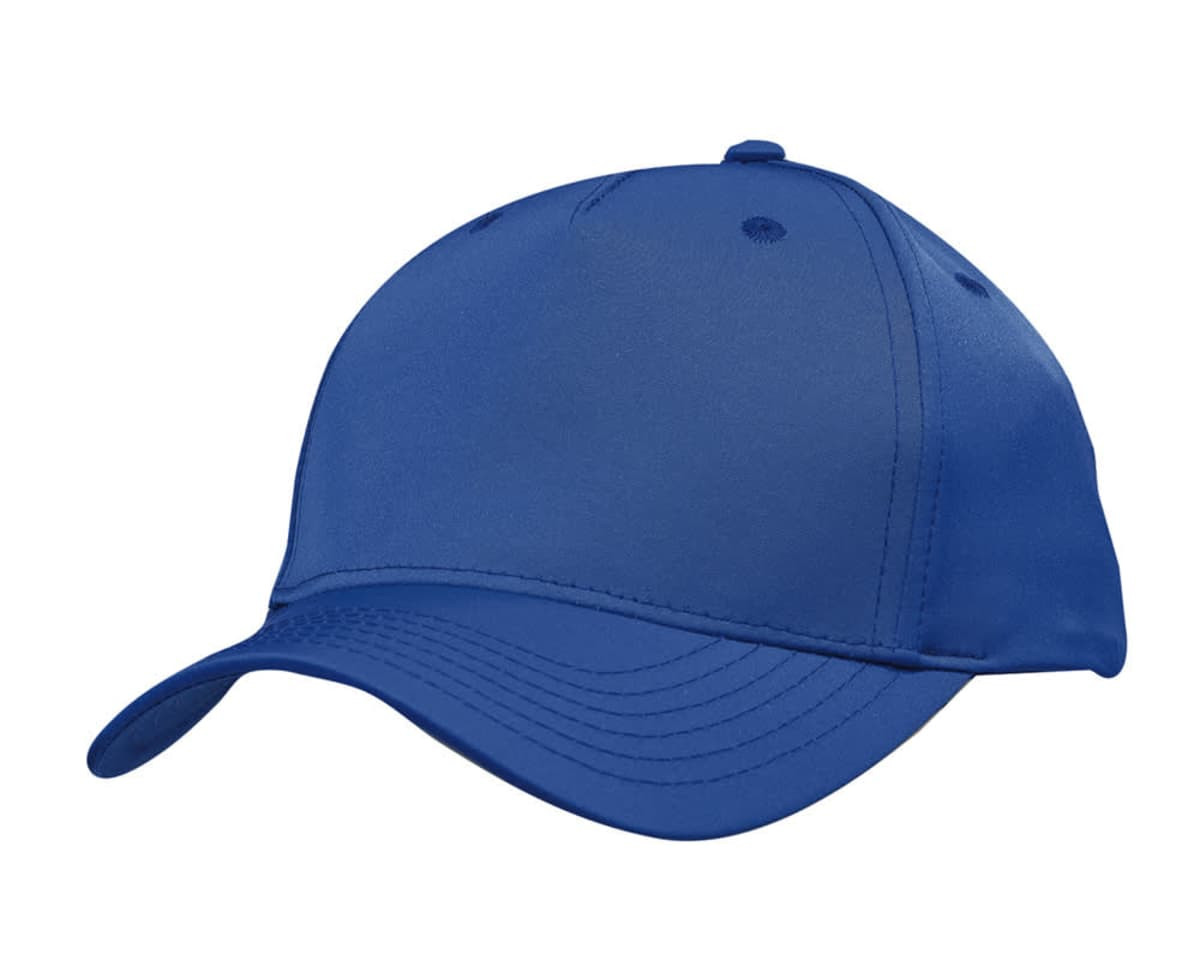 A blue sports cap with a curved brim and a logo on the front, featuring a smooth twill fabric.