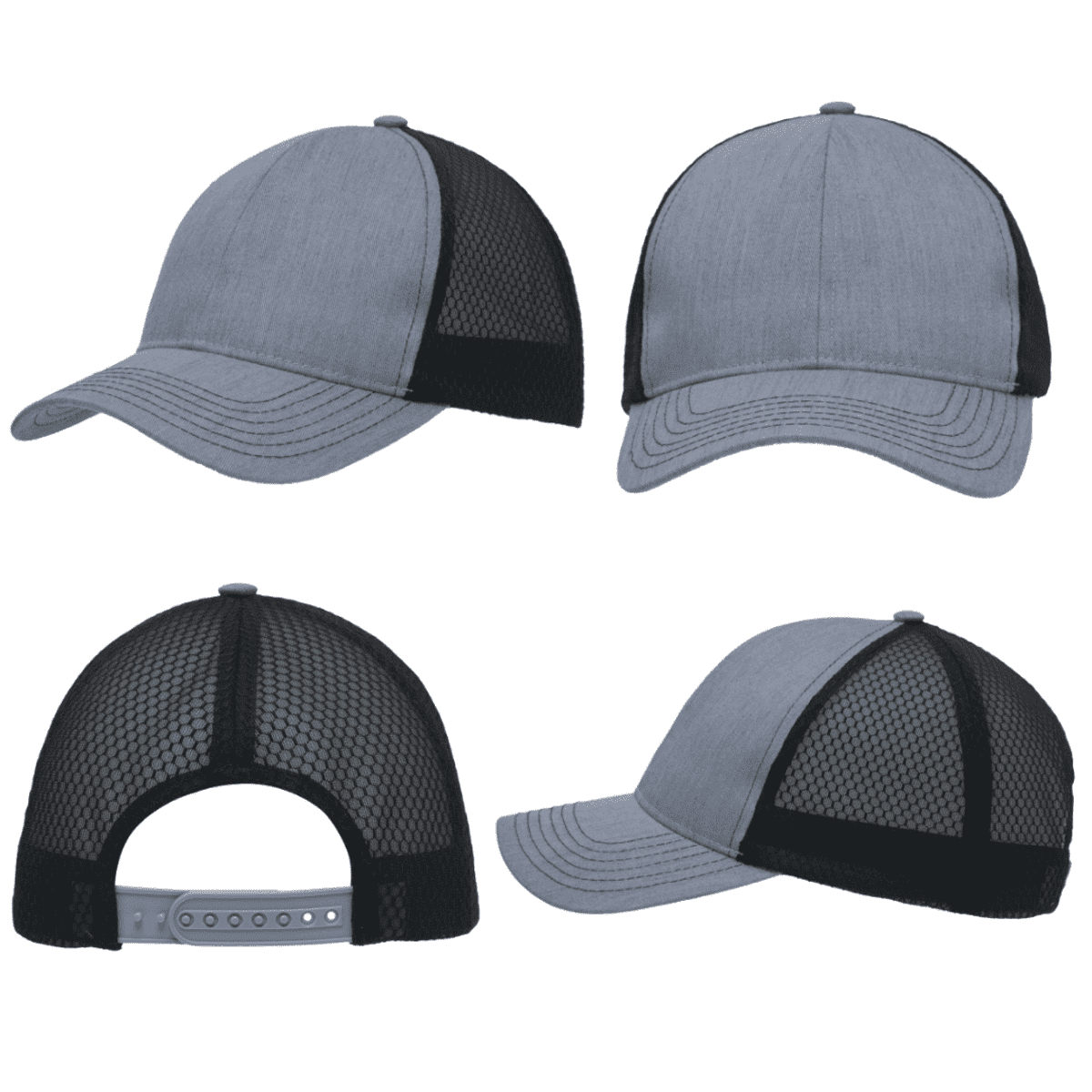 A cap featuring a light brushed poly cotton marle front and honeycomb mesh sides, in grey with a black mesh back.