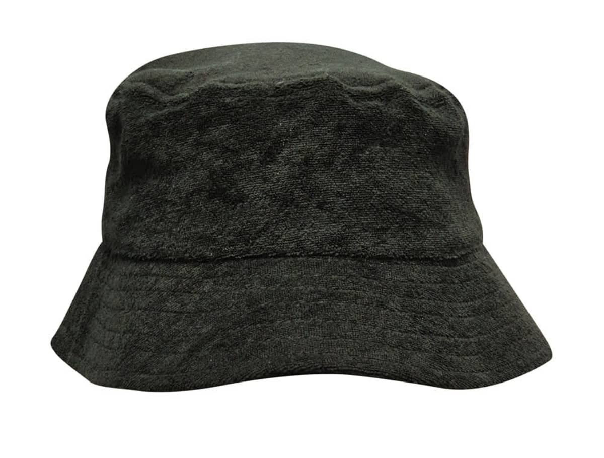 A black terry towelling bucket hat with a soft texture and wide brim. It features a subtle logo on the side.