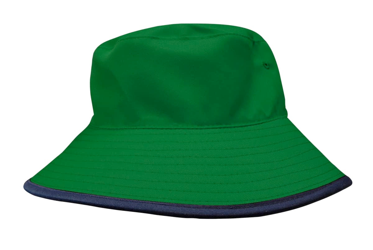 A reversible bucket hat in green with a navy brim, made of breathable poly twill fabric, featuring a logo.