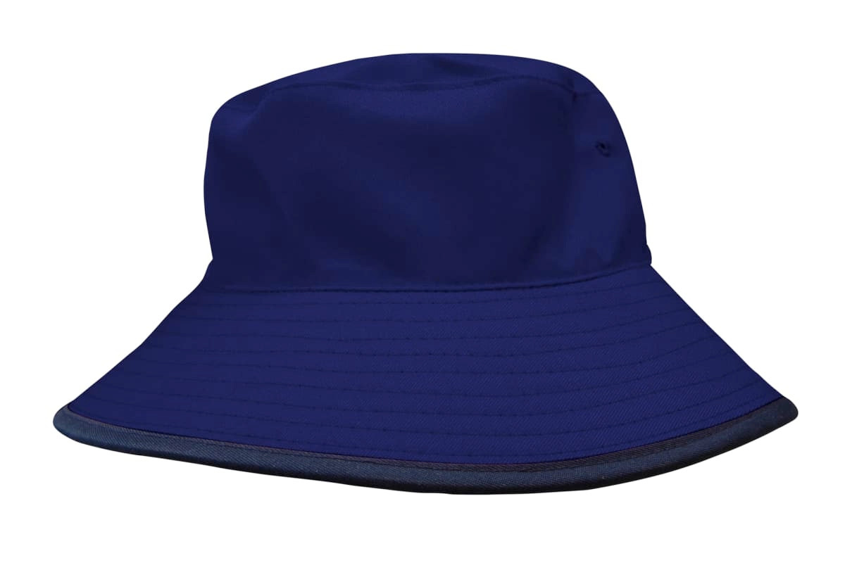 A navy blue reversible breathable poly twill bucket hat with a wide brim and a logo.