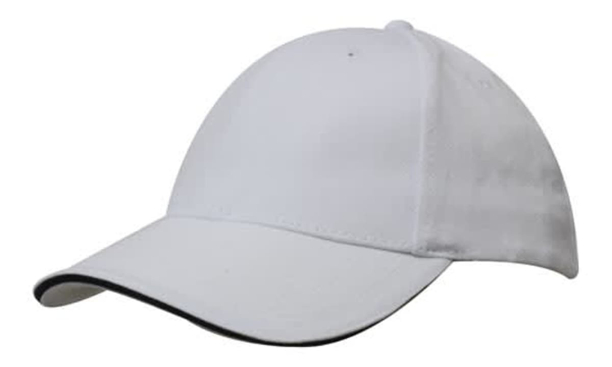 A white cap with a black sandwich trim, featuring a logo on the front.
