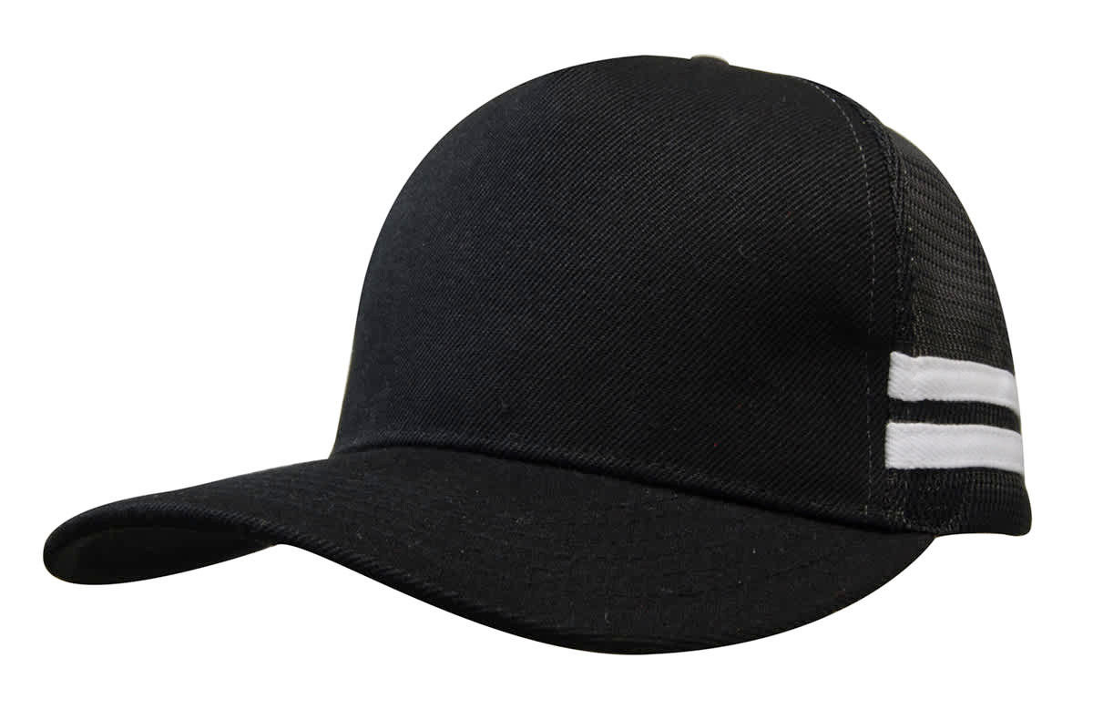 A black trucker cap featuring a twill front and mesh back, with white striped accents on the side and a logo.