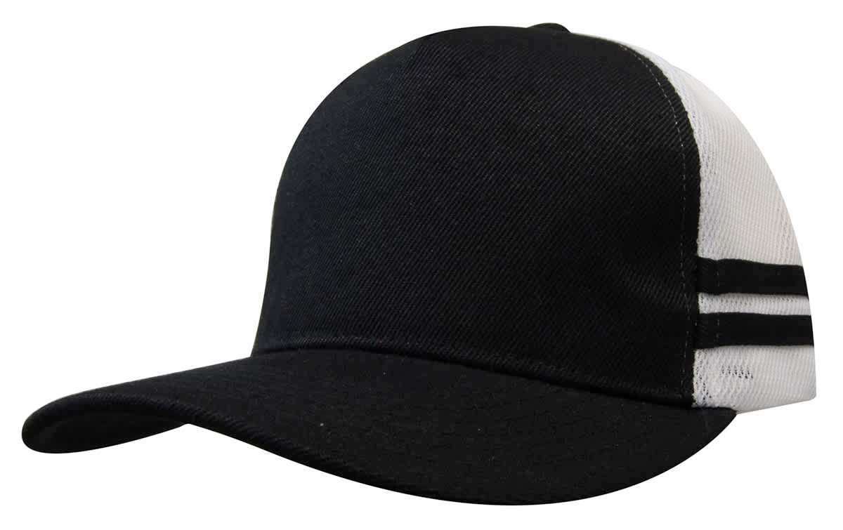 A black and white trucker cap featuring stripes and a logo, designed for deep fit wear.