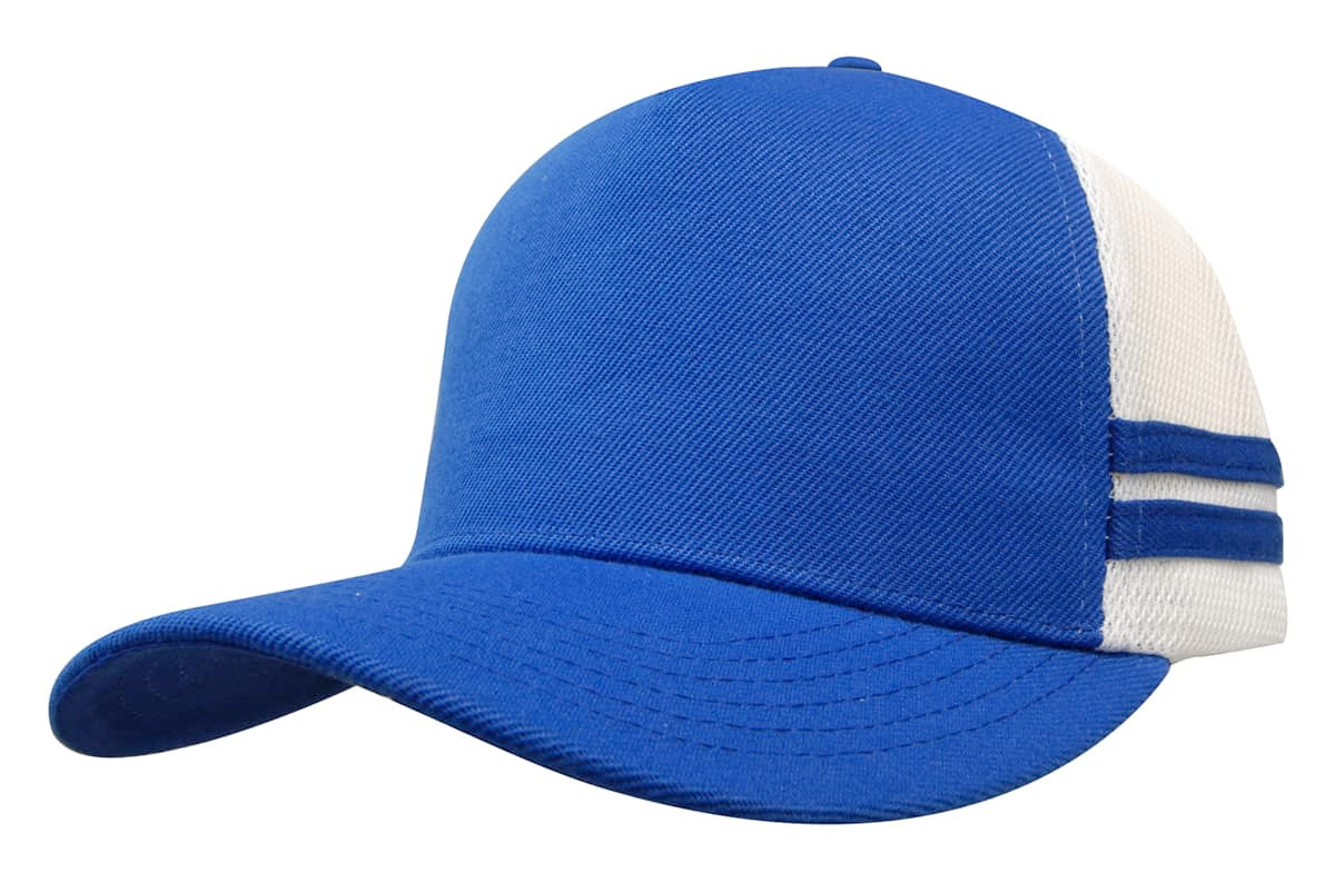 A blue trucker cap featuring a mesh back and three white stripes on the side, including a logo.