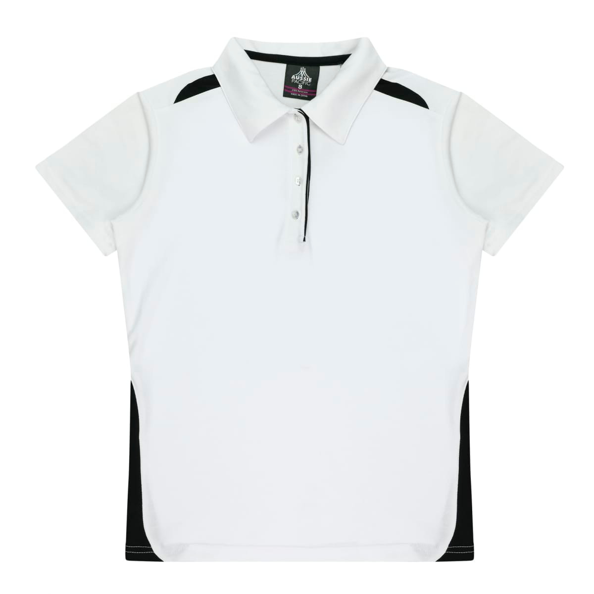 A white polo shirt with black side panels and a collar, featuring a logo on the upper section.