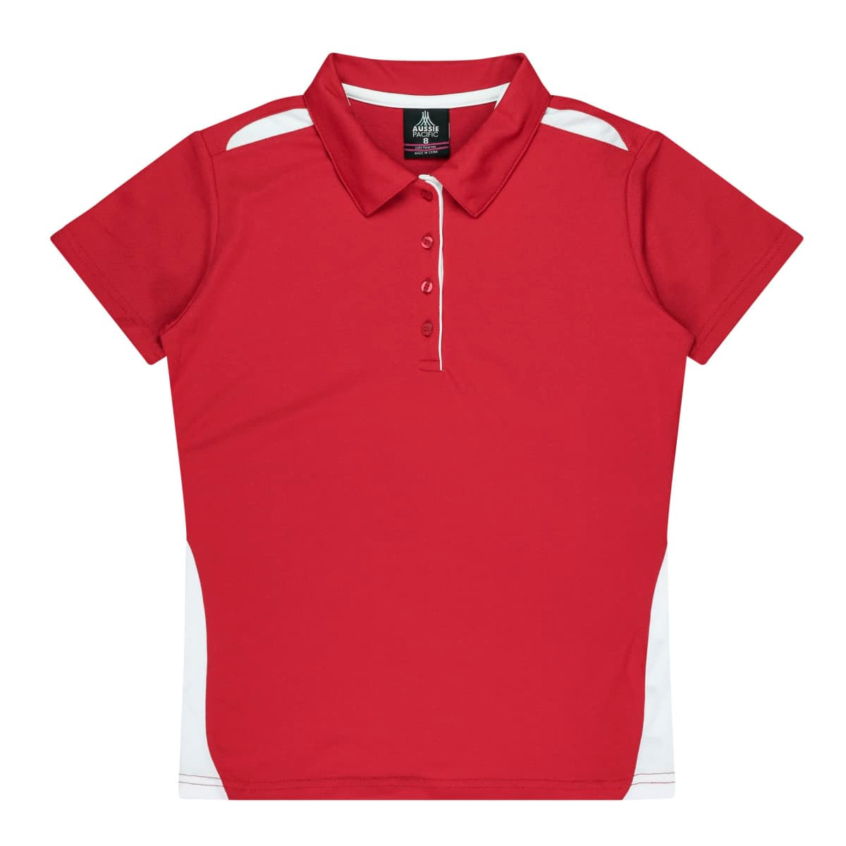 A red polo shirt featuring white side panels and a collar, with a logo on the neckline.