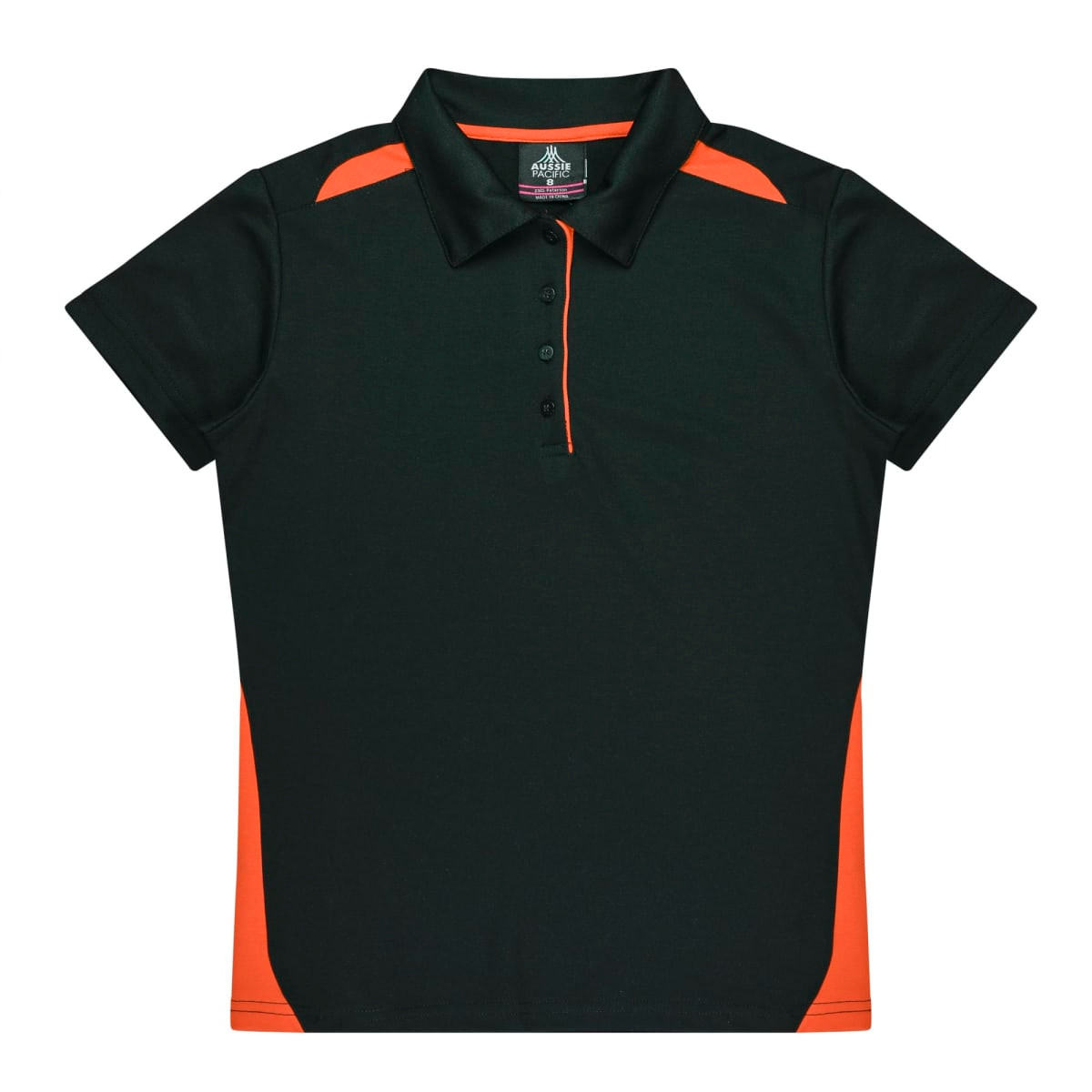 A dark green polo shirt with orange accents and a logo on the chest.