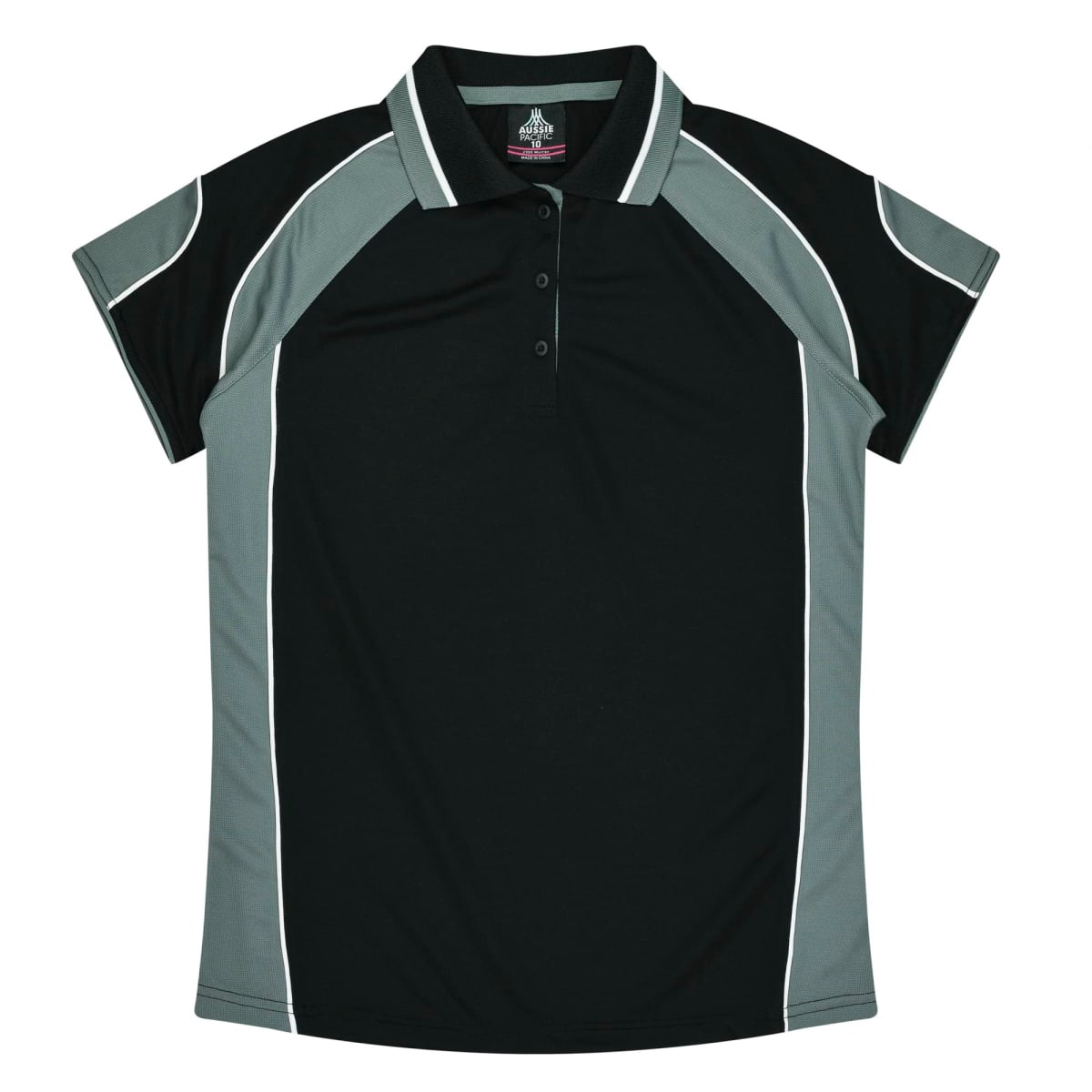 A black and grey polo shirt with short sleeves and a collared design. It features contrasting panels and a logo.