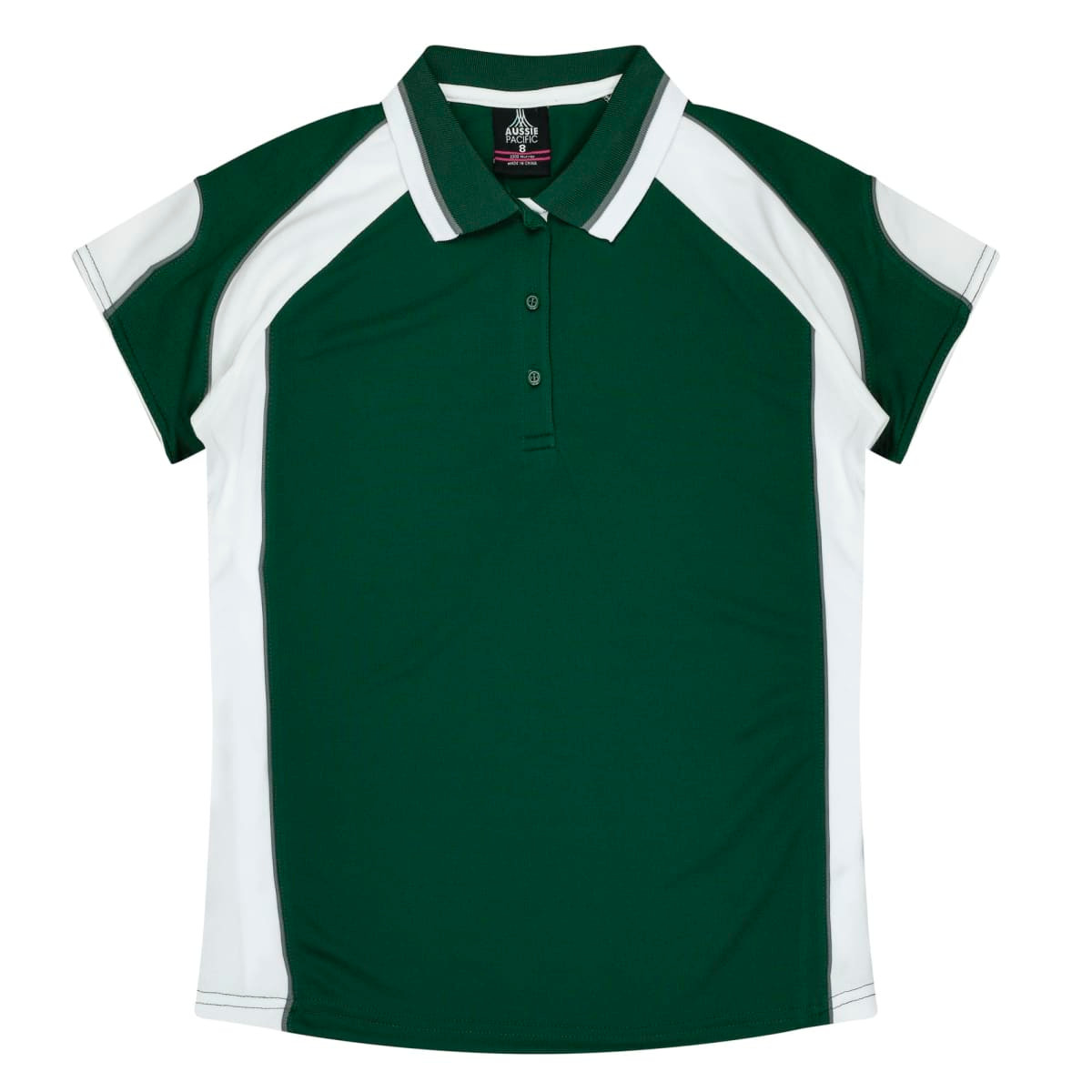 A green and white polo shirt featuring a logo, designed for women's wear.