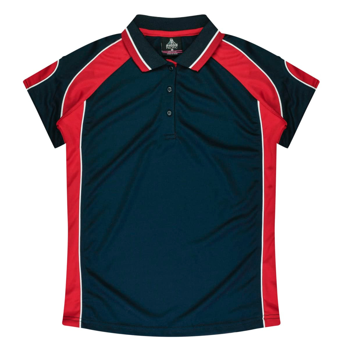 A navy and red polo shirt with a collar, featuring short sleeves and a branding logo.