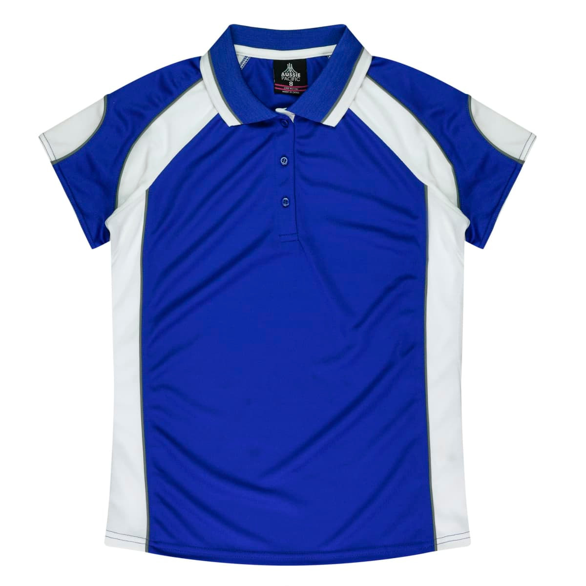 A blue and white polo shirt with a collar and a branded label inside.