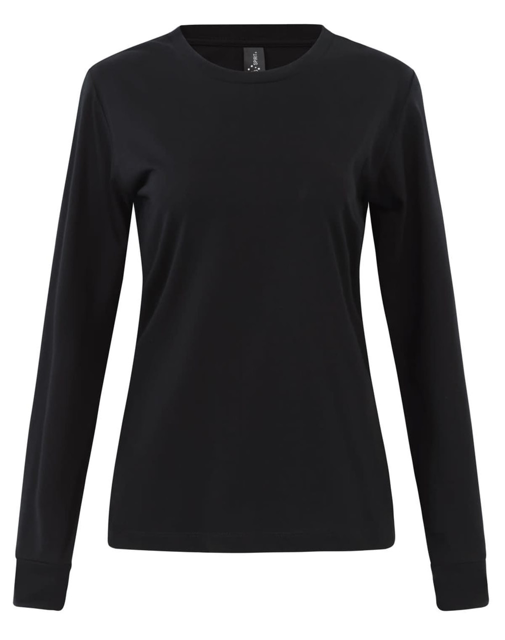 A black long-sleeve tee shirt for women in premium cotton. It features a round neckline and has a logo.