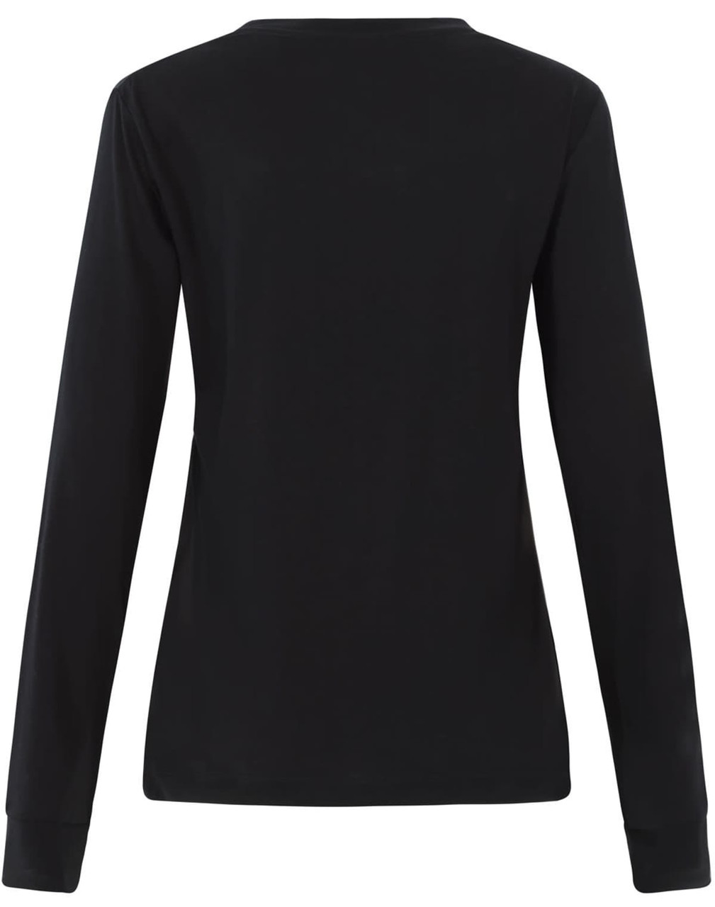 A black long-sleeve tee shirt for ladies, featuring a simple design and a rear view with long sleeves.