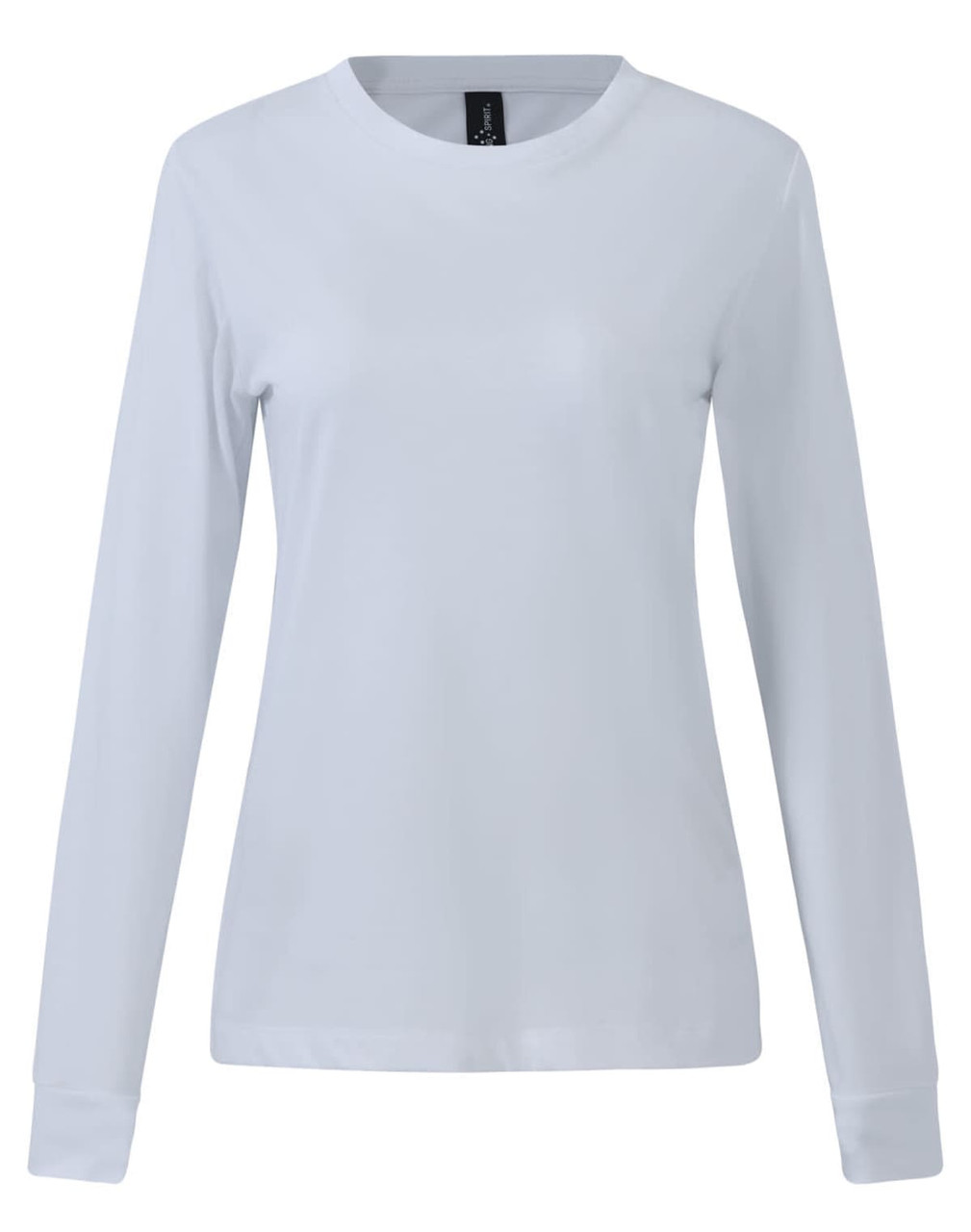 A white long-sleeve tee shirt for ladies made of premium cotton, featuring a logo on the label.
