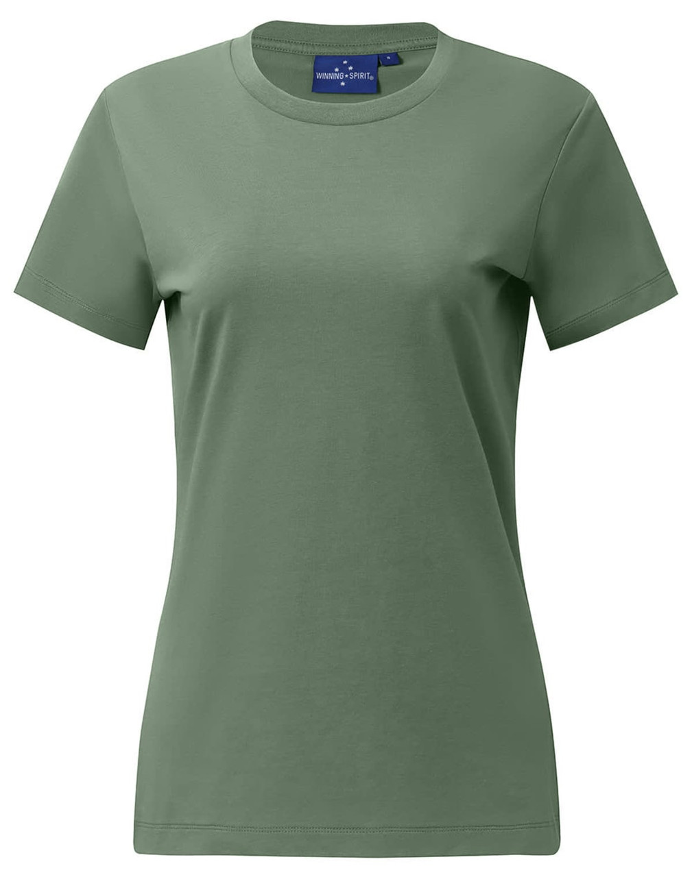 A ladies' premium cotton short sleeve tee shirt in a muted green colour, featuring a logo.