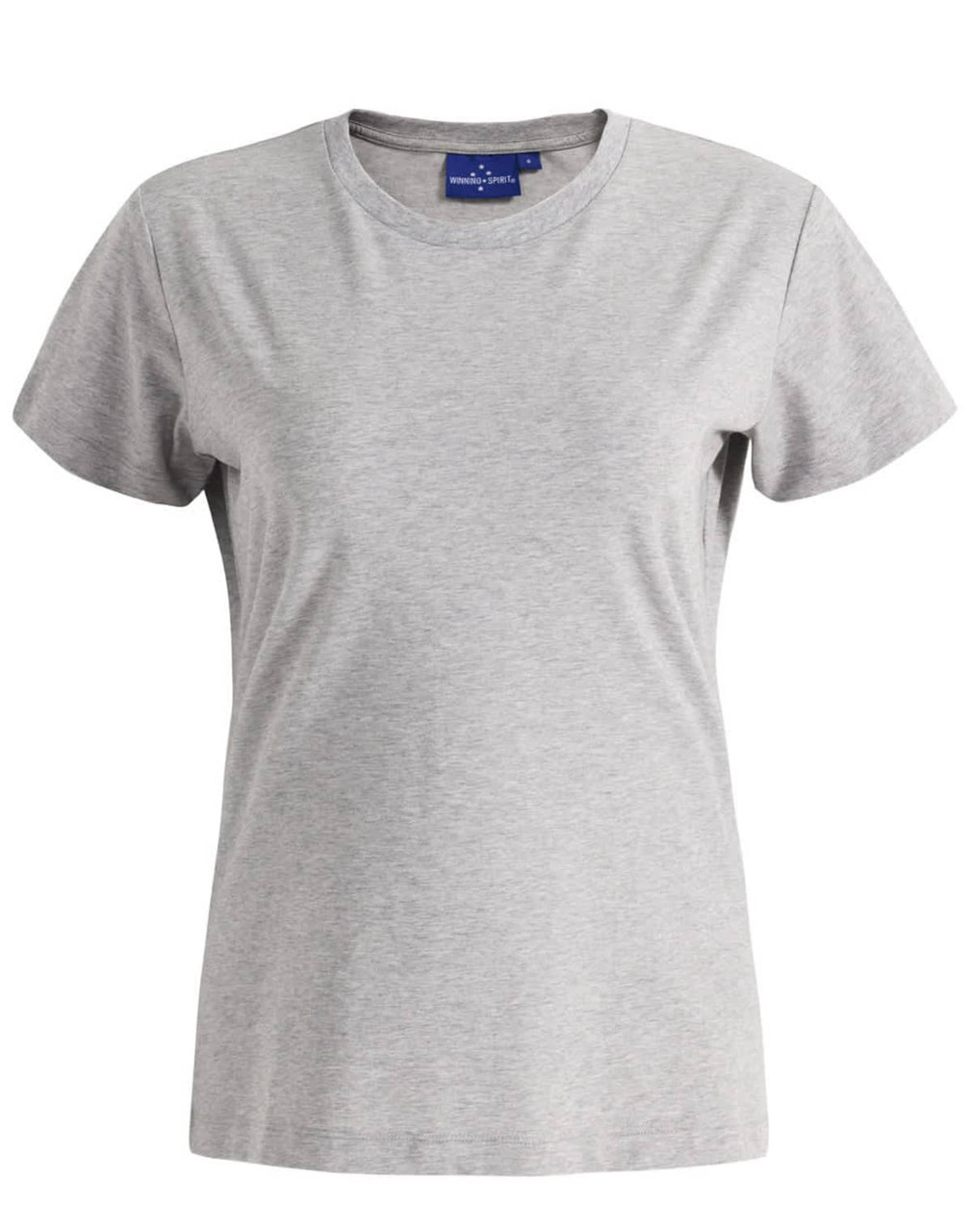 A grey premium cotton short-sleeve tee shirt for women, featuring a round neckline and a simple design.
