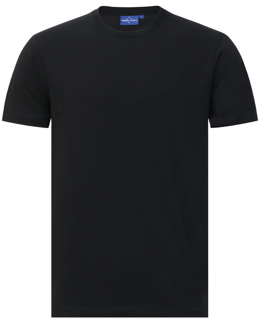 A black premium cotton short sleeve T-shirt with a tag and a logo on the neckline.