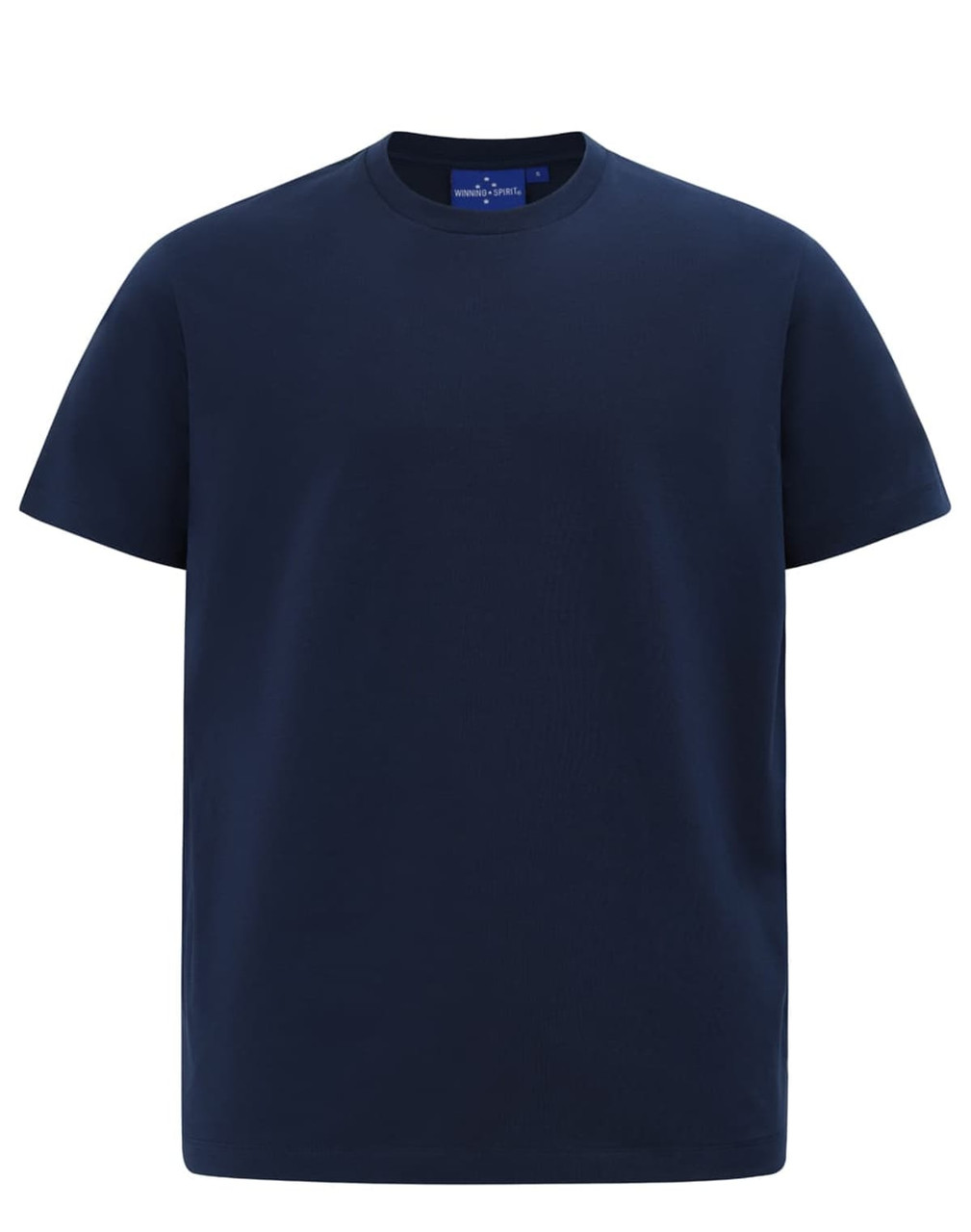 A navy blue men's premium cotton short-sleeve T-shirt, featuring a simple design and logo.