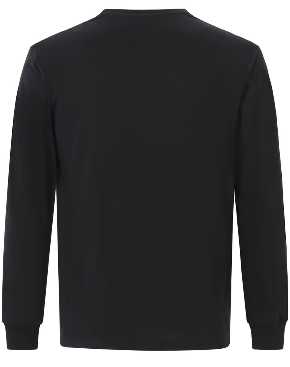 A back view of a black long-sleeve cotton T-shirt with a plain design and fitted cuffs.