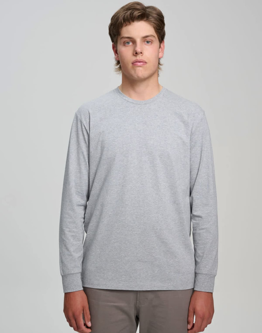 A grey long-sleeve t-shirt made from premium cotton, featuring a plain design and a logo.